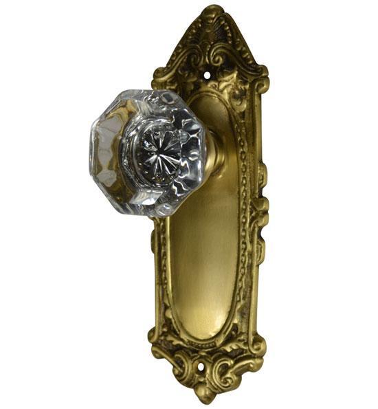 ##Antique Hardware## Ornate Victorian Long Backplate Door Set with Crystal Octagon Door Knobs (Several Finishes Available)