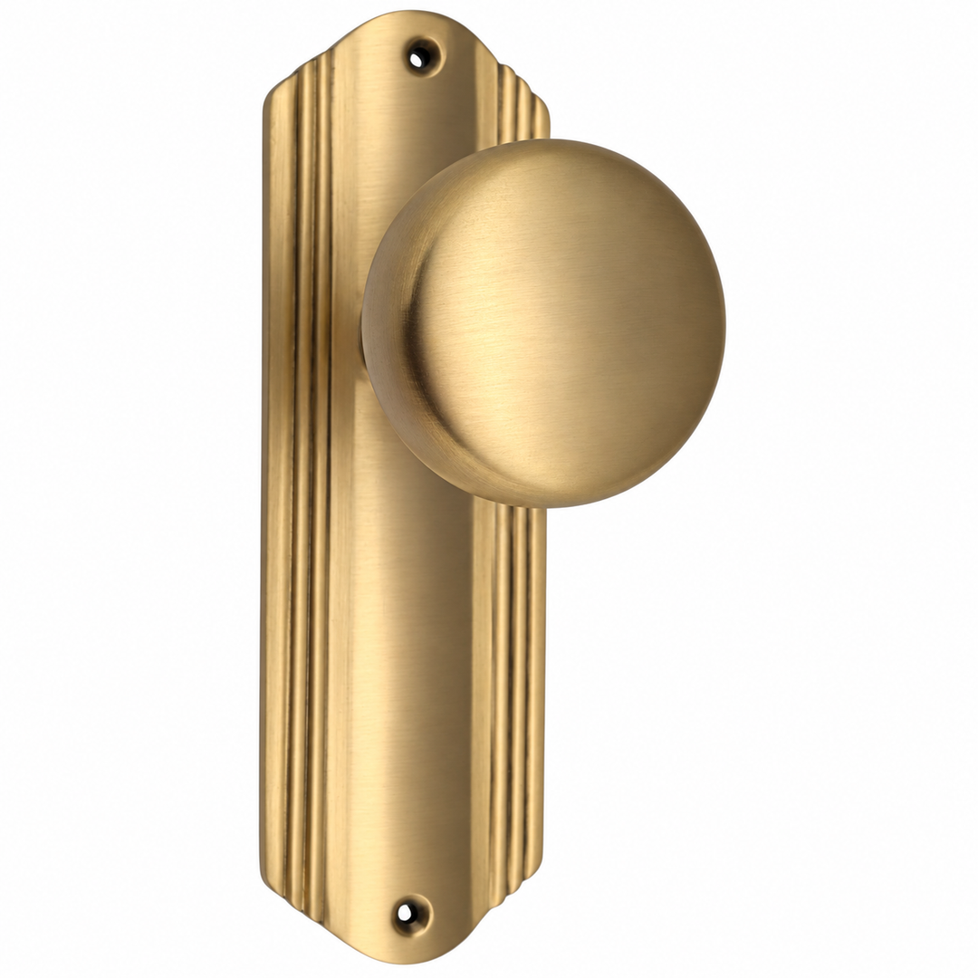 Art Deco Long Backplate Door Set with Brass Round Door Knobs (Several Finishes Available)