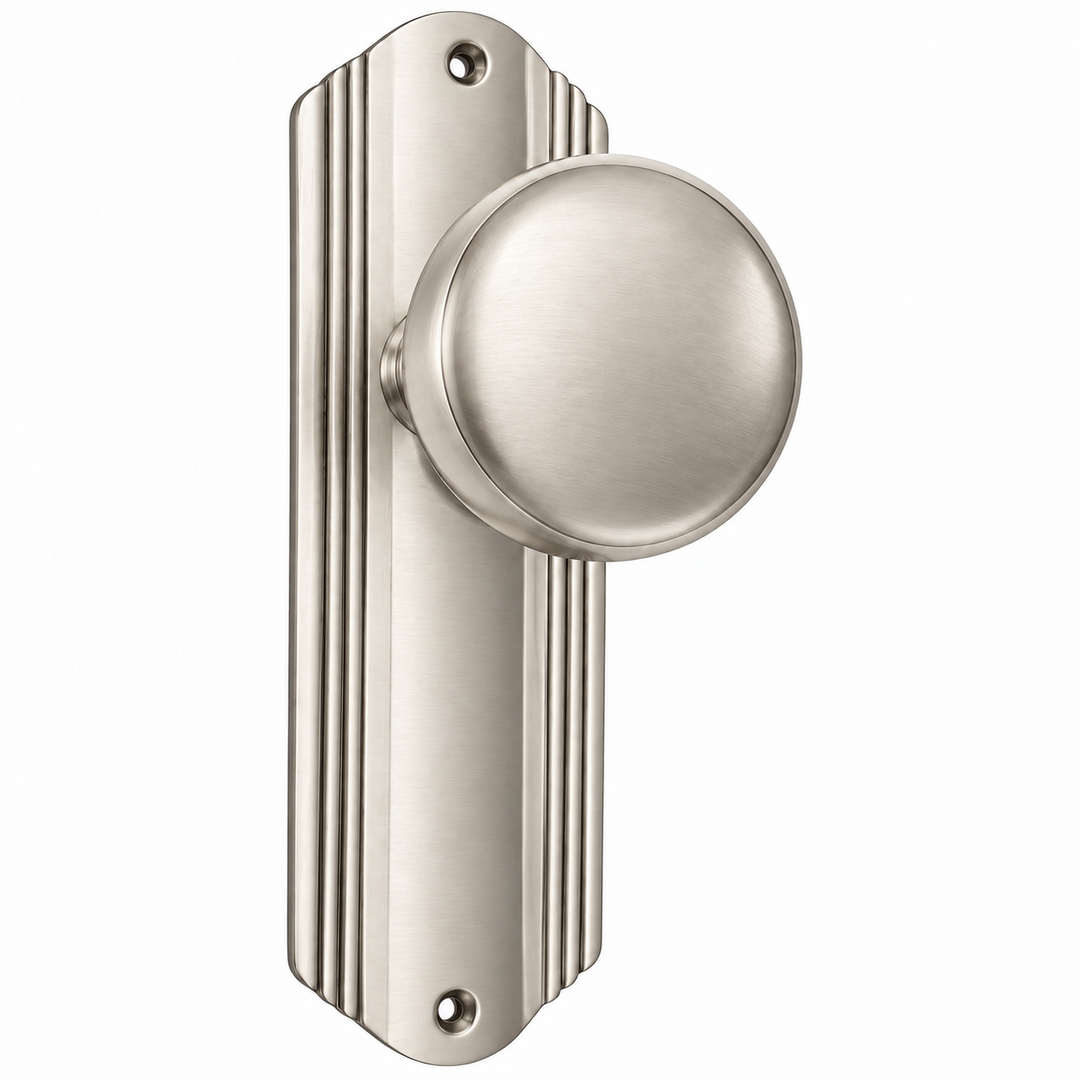 Art Deco Long Backplate Door Set with Brass Round Door Knobs (Several Finishes Available)