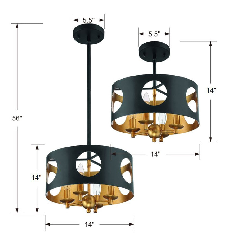 Crystorama Crystorama Odelle 4 Light Black + Antique Gold Semi Flush Mount