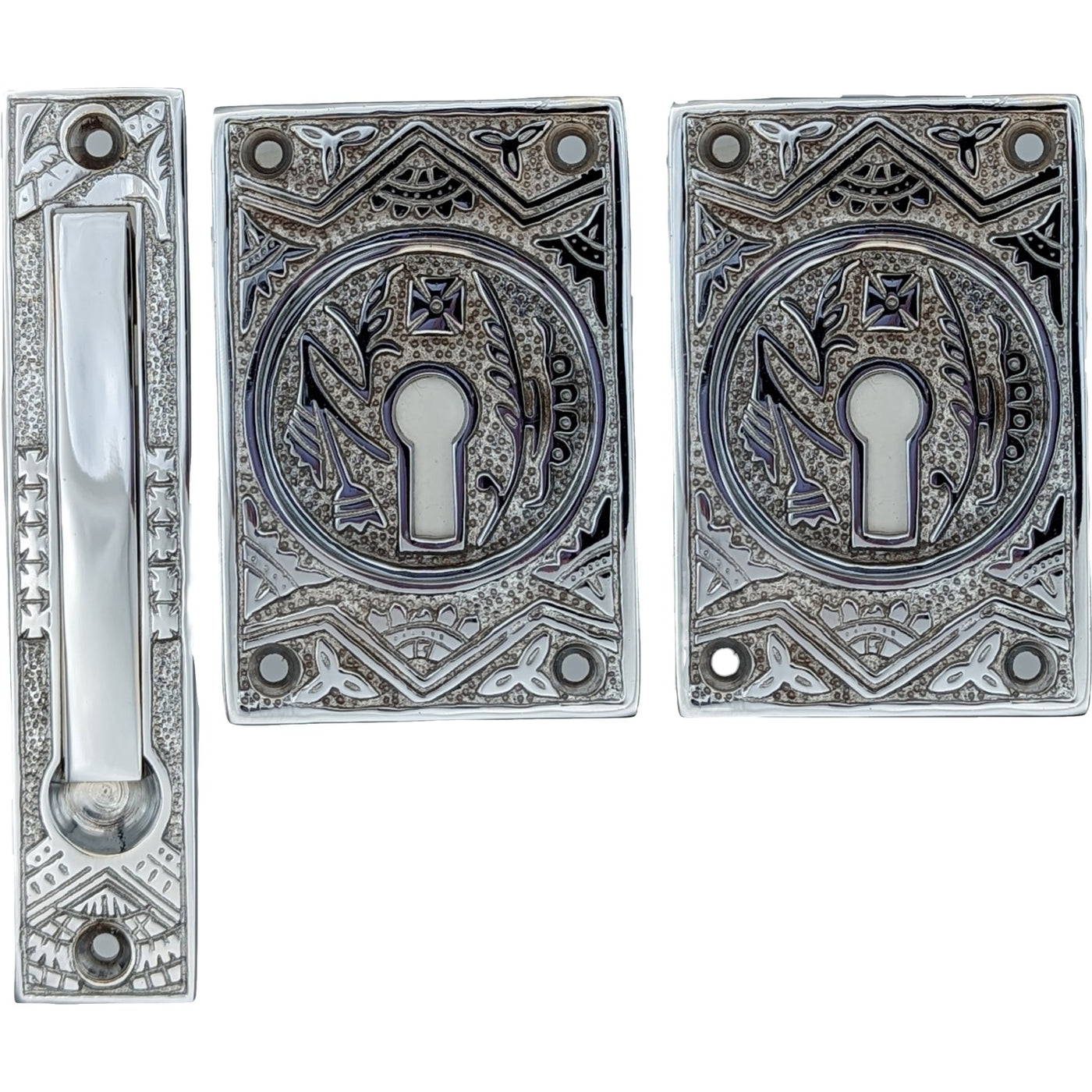 Oriental Pattern Pocket Passage Style Door Set (Polished Chrome Finish)