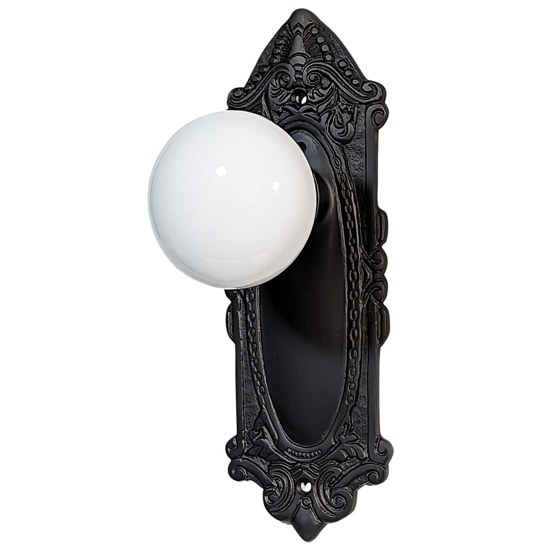 ##Antique Hardware## Ornate Victorian Long Backplate Door Set with White Porcelain Door Knobs (Several Finishes Available)