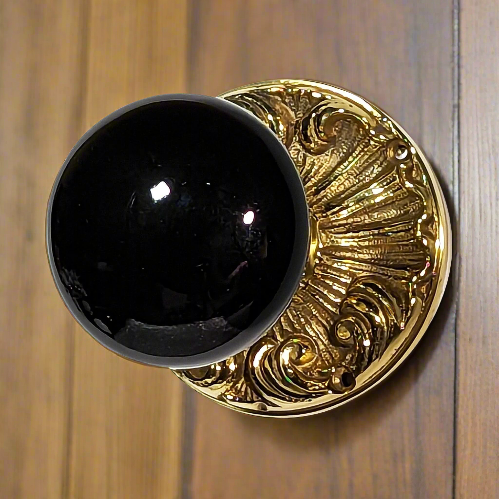 ##Antique Hardware## Black Porcelain Door Knob Set with Romanesque Rosette