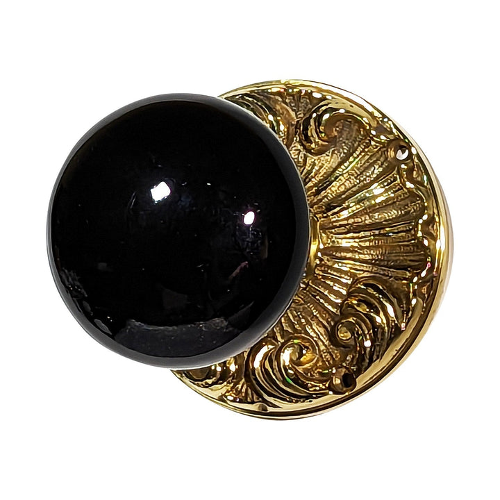 ##Antique Hardware## Black Porcelain Door Knob Set with Romanesque Rosette