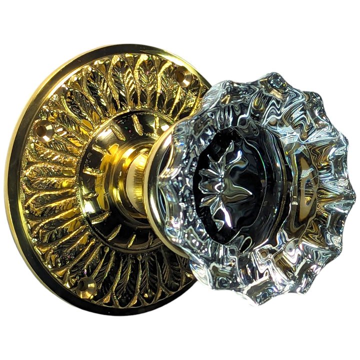 ##Antique Hardware## Feather Rosette Door Set with Fluted Crystal Door Knobs (Several Finishes Available)