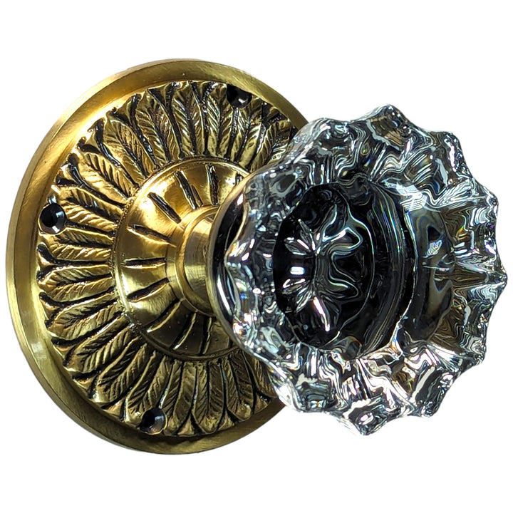 ##Antique Hardware## Feather Rosette Door Set with Fluted Crystal Door Knobs (Several Finishes Available)