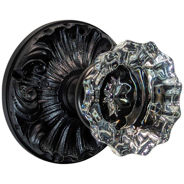 ##Antique Hardware## Romanesque Rosette Door Set with Fluted Crystal Door Knobs (Several Finishes Available)