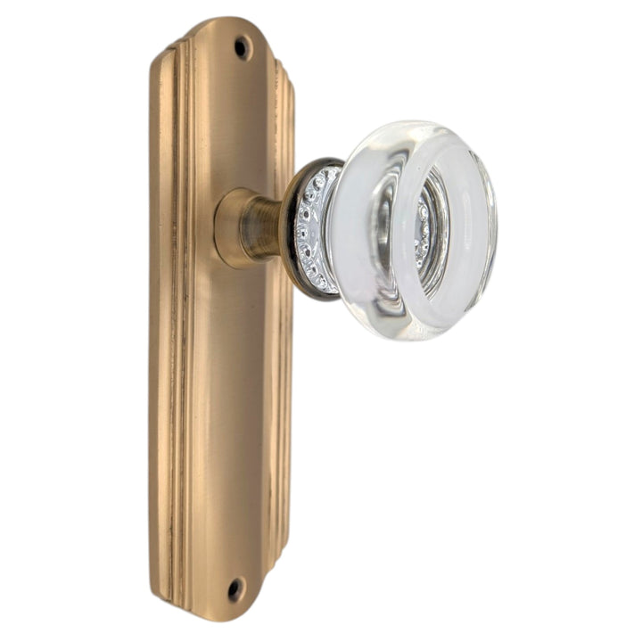 Art Deco Long Backplate Door Set with Round Crystal Door Knobs (Several Finishes Available)
