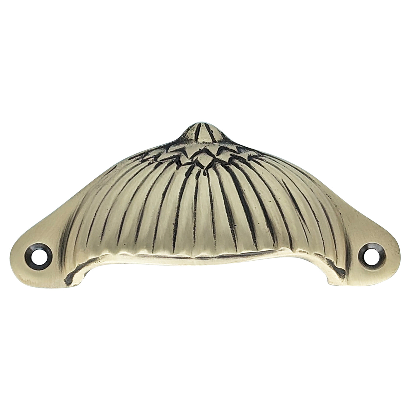 4 1/8 Inch Solid Brass Art Deco Fan Cup Pull (Antique Brass Finish)