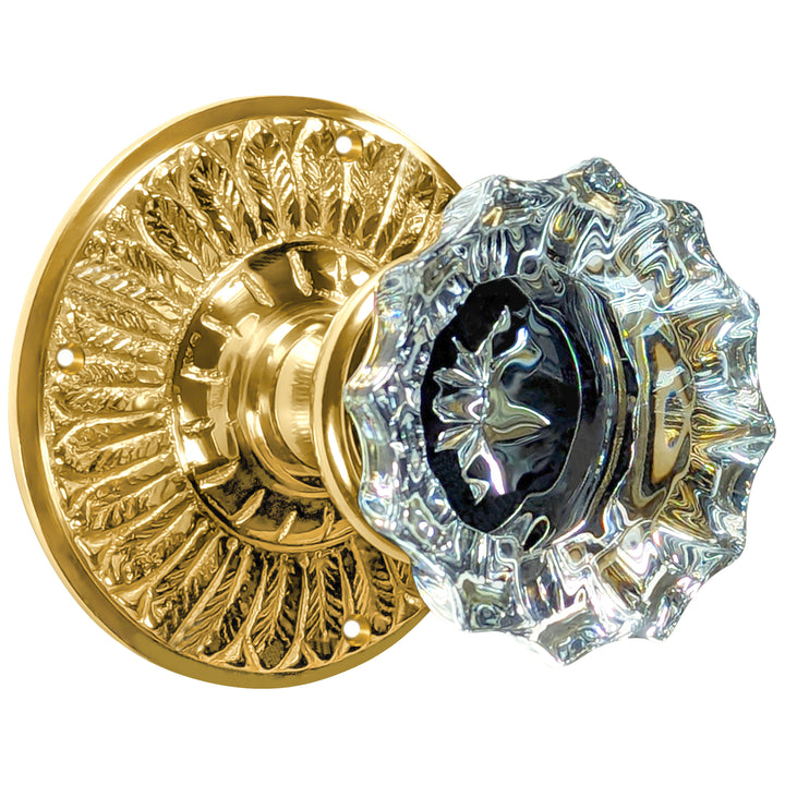 Feather Rosette Door Set with Fluted Crystal Door Knobs (Several Finishes Available)