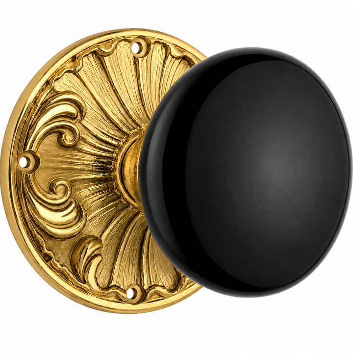 Black Porcelain Door Knob Set with Romanesque Rosette