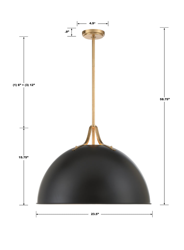 Soto 3 Light Matte Black + Antique Gold Chandelier Crystorama