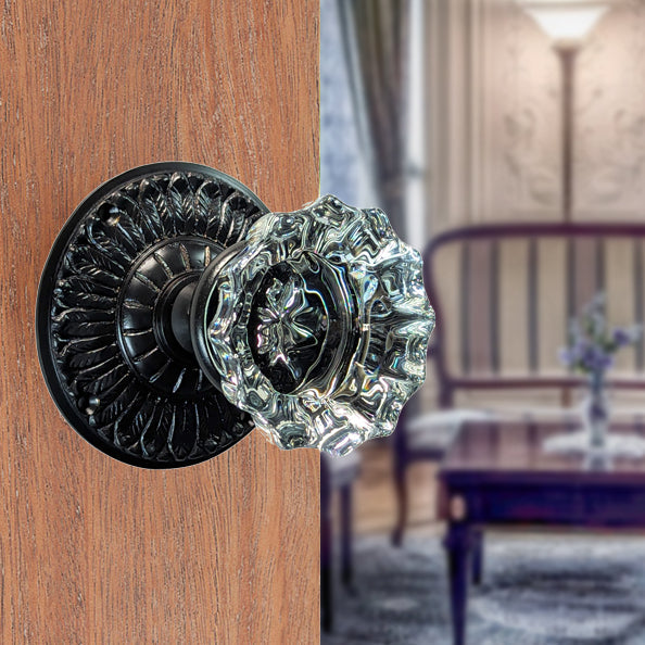 ##Antique Hardware## Feather Rosette Door Set with Fluted Crystal Door Knobs (Several Finishes Available)