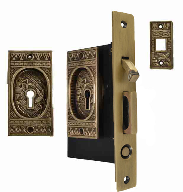 Broken Leaf Single Pocket Privacy (Lock) Style Door Set (Antique Brass)