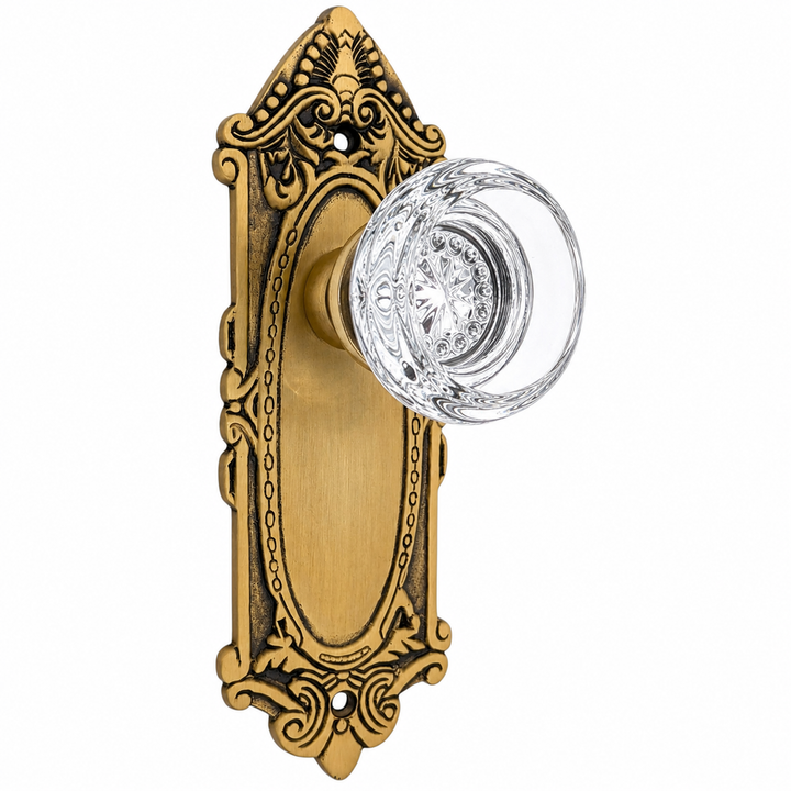 Ornate Victorian Long Backplate Door Set with Crystal Round Door Knobs (Several Finishes Available)