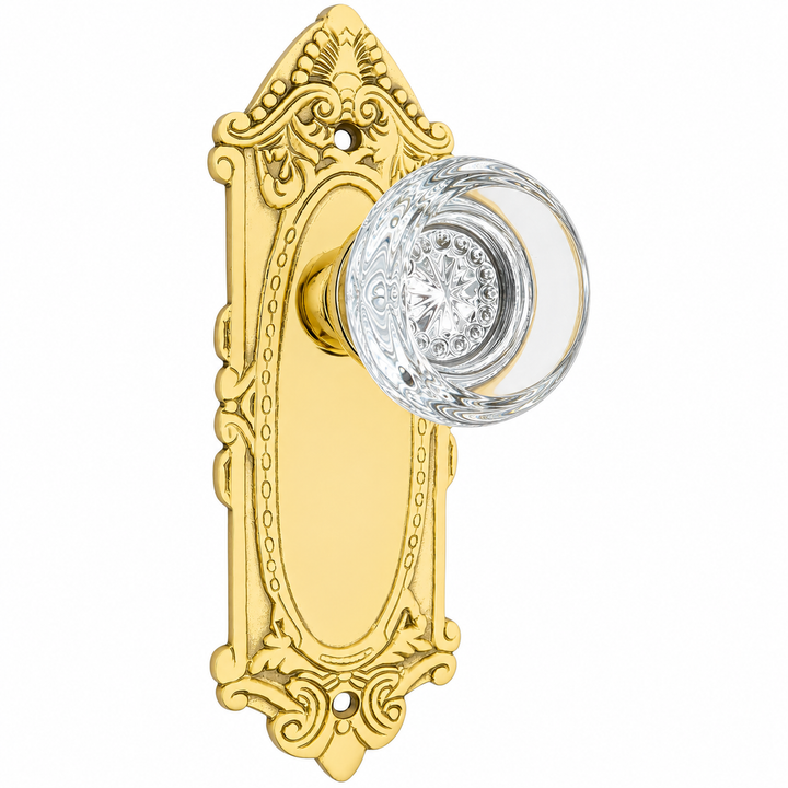 Ornate Victorian Long Backplate Door Set with Crystal Round Door Knobs (Several Finishes Available)
