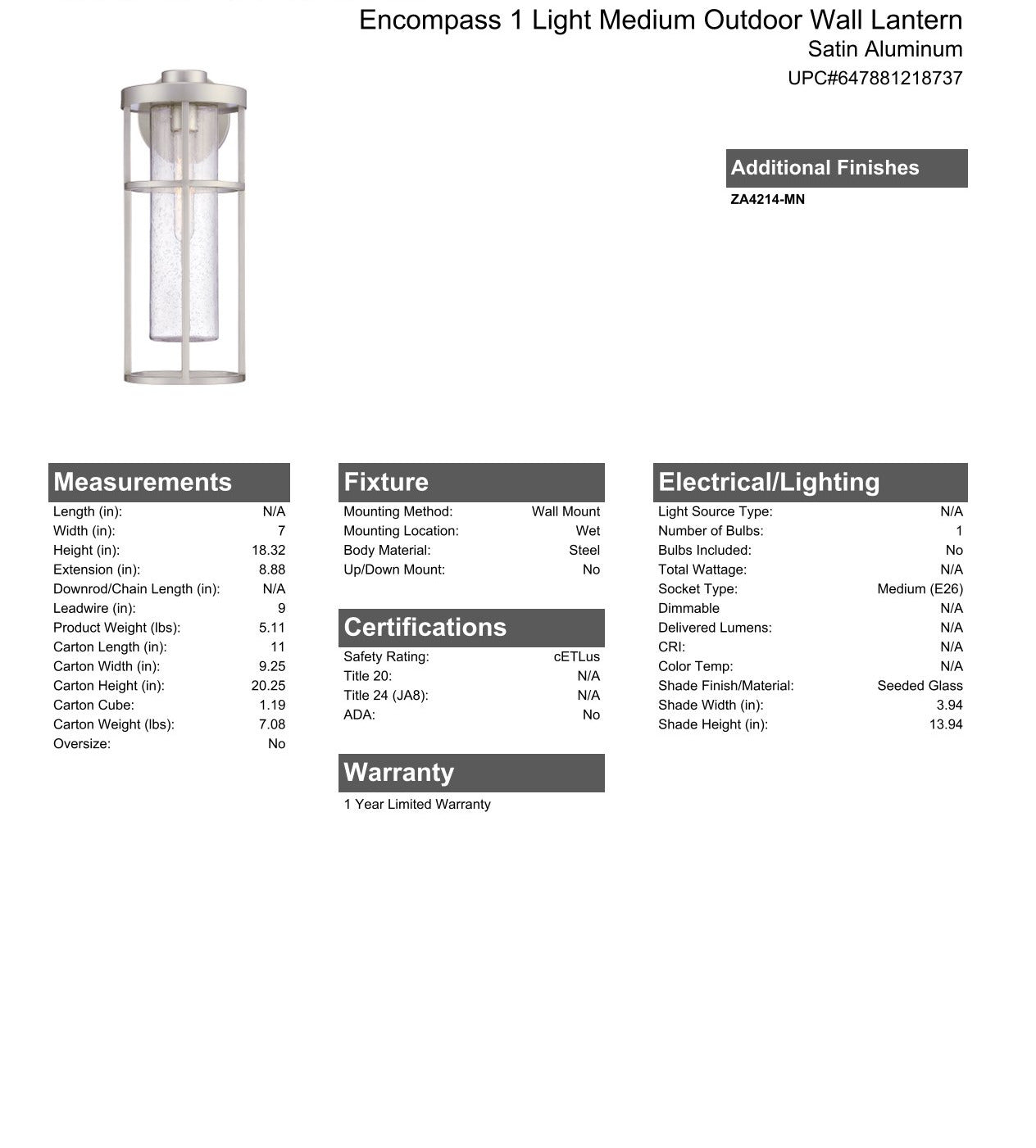 Encompass 1 Light Medium Outdoor Wall Lantern in Satin Aluminum