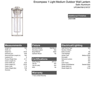 Encompass 1 Light Medium Outdoor Wall Lantern in Satin Aluminum
