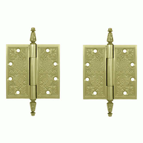 4 1/2 X 4 1/2 Inch Solid Brass Ornate Finial Style Hinge (Unlacquered Brass Finish) DELTANA