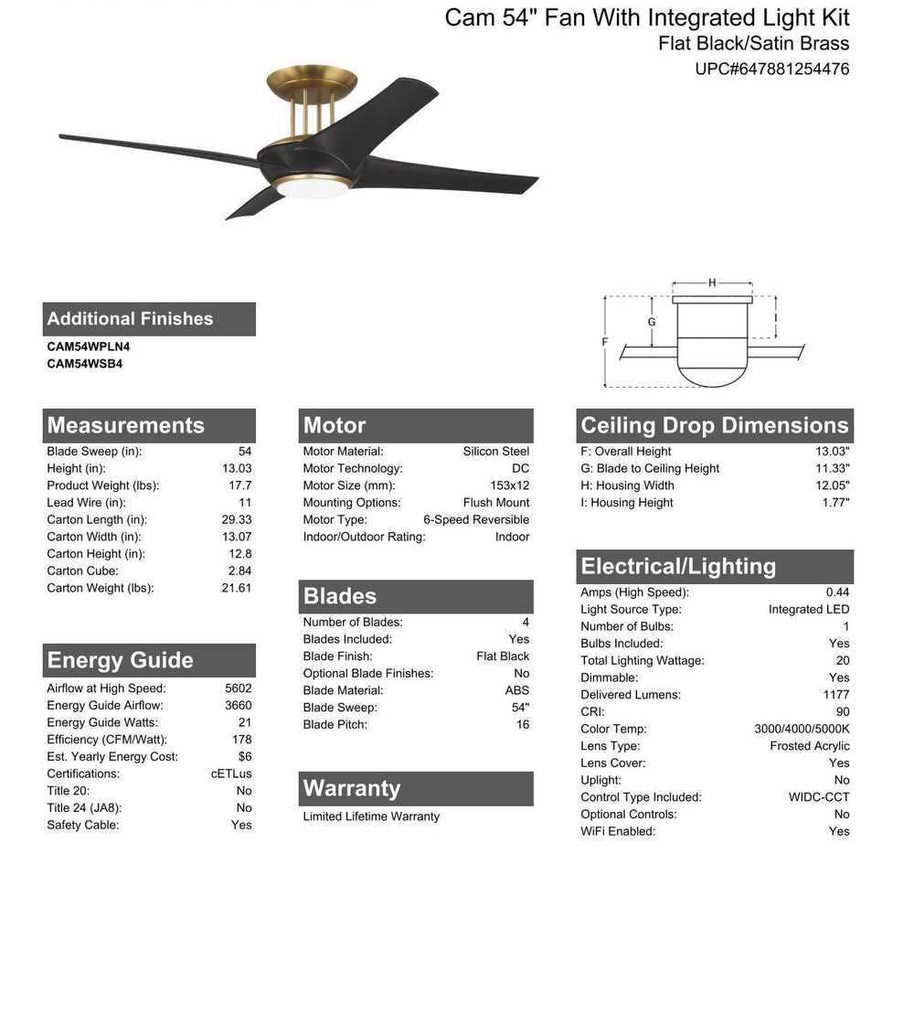 CRAFTMADE 54" Cam in Flat Black/Satin Brass w/ Flat Black Blades