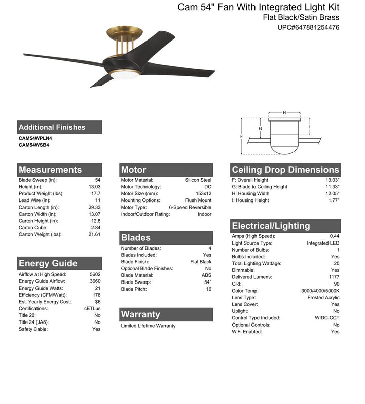 CRAFTMADE 54" Cam in Flat Black/Satin Brass w/ Flat Black Blades