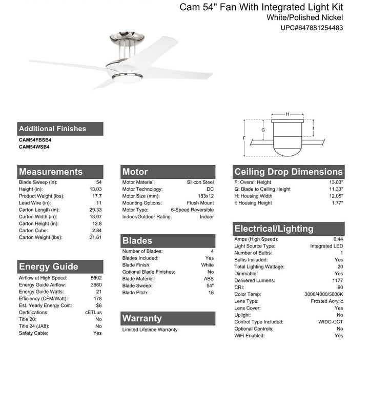 CRAFTMADE 54" Cam in White/Polished Nickel w/ White Blades