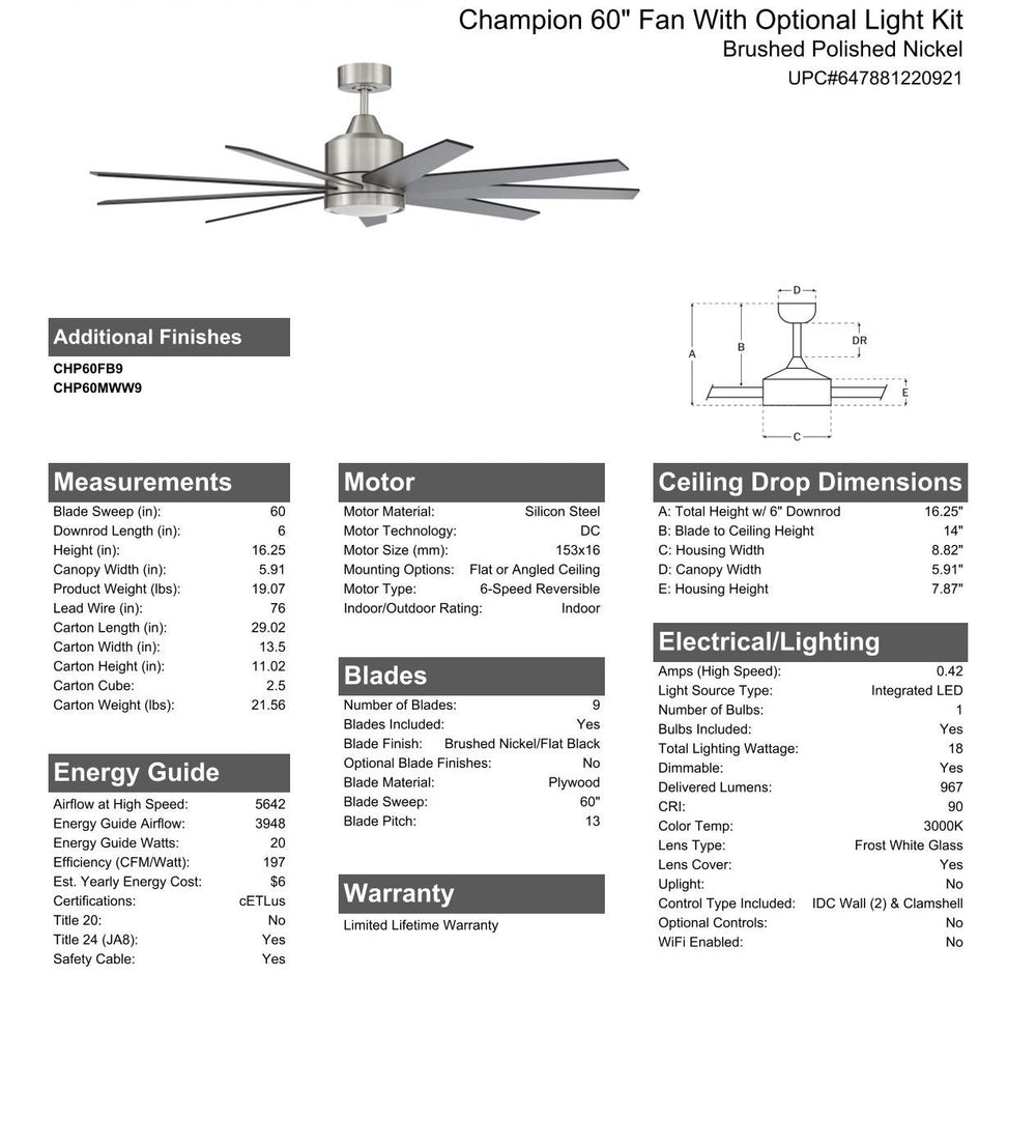 CRAFTMADE 60" Champion  in Brushed Polished Nickel w/ Brushed Nickel/Flat Black Blades