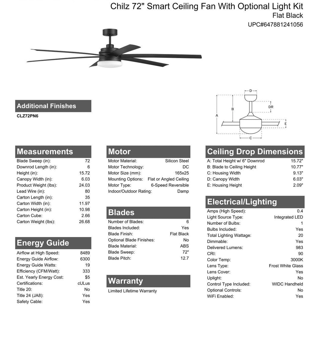##Antique Hardware## 72" Chilz Smart Ceiling Fan, Flat Black, Integrated LED Light Kit, Remote & WiFi Control