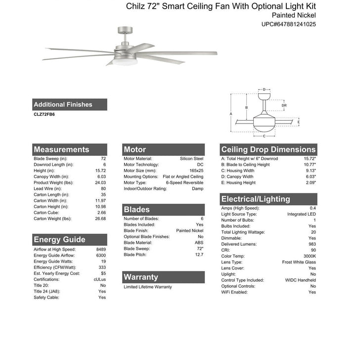 72" Chilz Smart Ceiling Fan, Painted Nickel, Integrated LED Light Kit, Remote & WiFi Control CRAFTMADE