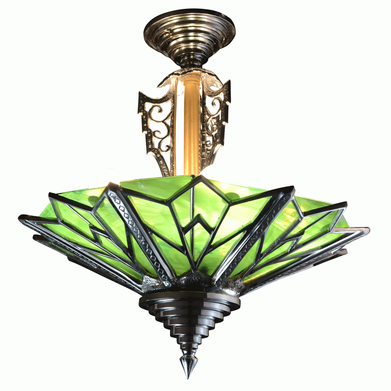 17 Inch Classic Art Deco Close Ceiling Light Deco Green Glass (Several Finishes Available) LUMEN ARIA