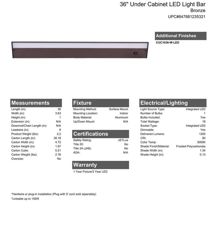 CRAFTMADE 36" Under Cabinet LED Light Bar in Bronze