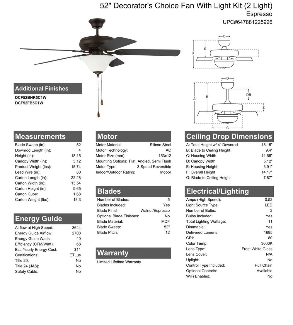 CRAFTMADE 52" Decorator's Choice 2 Light in Espresso w/ Walnut/Espresso Blades