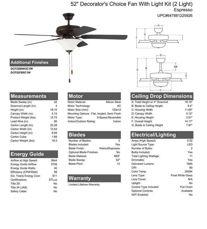 CRAFTMADE 52" Decorator's Choice 2 Light in Espresso w/ Walnut/Espresso Blades