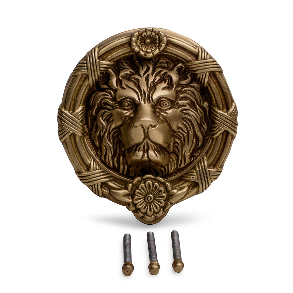 COPPER MOUNTAIN HARDWARE Ribbon & Reed 5 1/4 Inch Lion Head Door Knocker in Solid Brass (Antique Brass Finish)