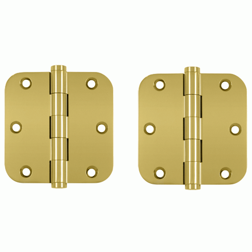 DELTANA Pair 3 1/2 Inch X 3 1/2 Inch Solid Brass Hinge Interchangeable Finials (5/8 Radius Corner, PVD Polished Brass Finish)