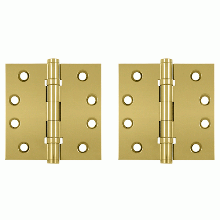 Pair 4 Inch X 4 Inch Double Ball Bearing Hinge Interchangeable Finials (Square Corner, PVD Polished Brass Finish) DELTANA