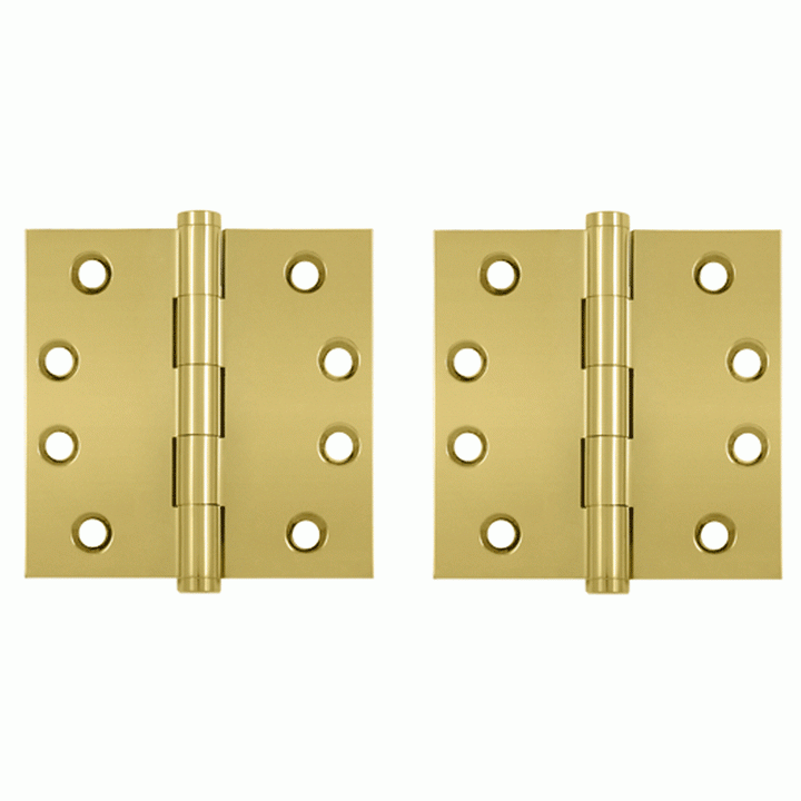 Pair 4 Inch X 4 Inch Solid Brass Hinge Interchangeable Finials (Square Corner, PVD Polished Brass Finish) DELTANA