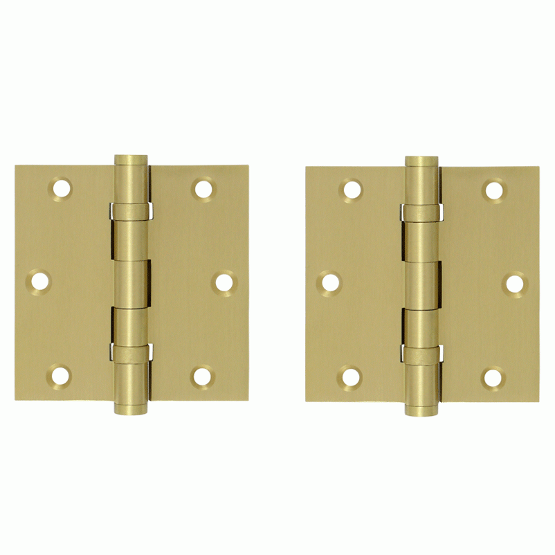 DELTANA 3 1/2 X 3 1/2 Inch Double Ball Bearing Hinge Interchangeable Finials (Square Corner, Brushed Brass Finish)