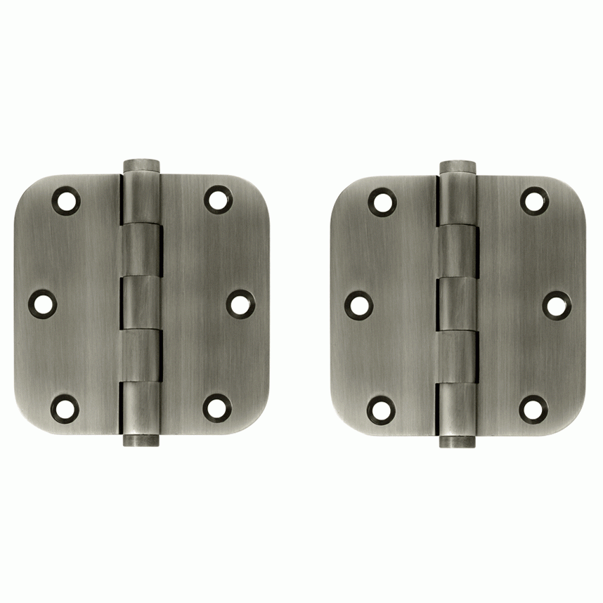 DELTANA Pair 3 1/2 Inch X 3 1/2 Inch Solid Brass Hinge Interchangeable Finials (5/8 Radius Corner, Antique Nickel Finish)