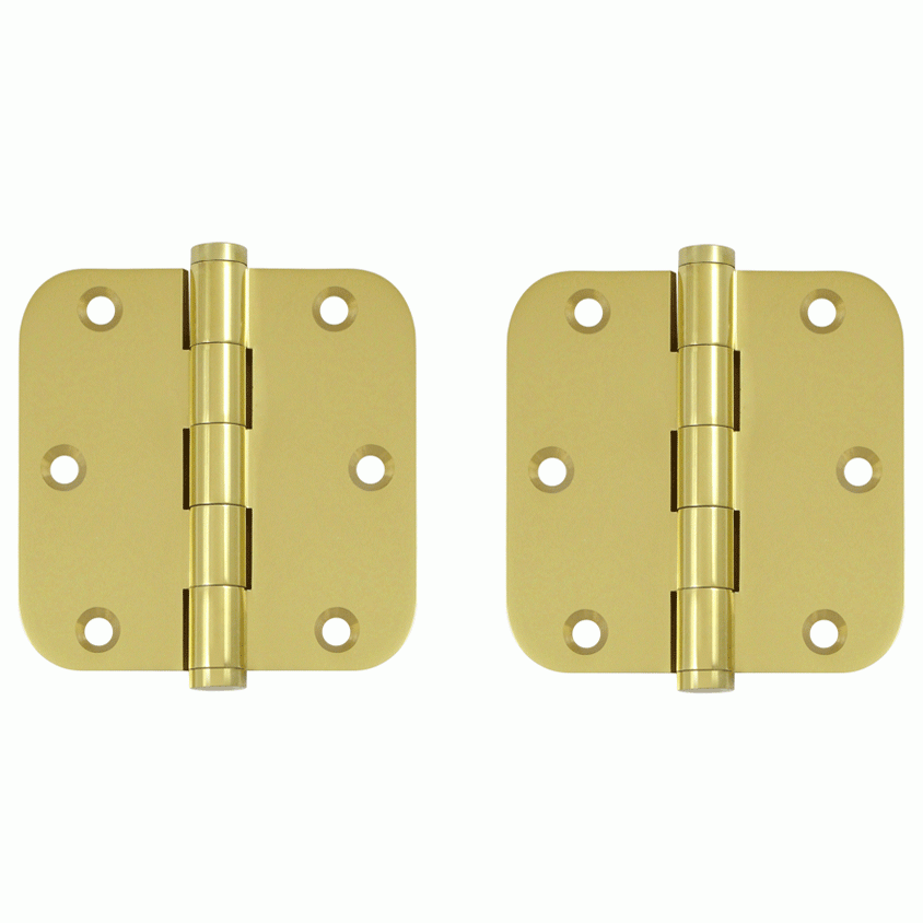 DELTANA Pair 3 1/2 Inch X 3 1/2 Inch Solid Brass Hinge Interchangeable Finials (5/8 Radius Corner, Polished Brass Finish)