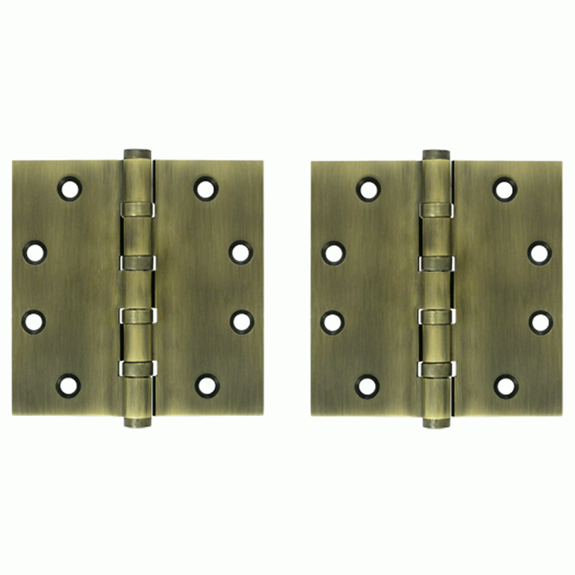 4 1/2 Inch X 4 1/2 Inch Solid Brass Four Ball Bearing Square Hinge (Antique Brass Finish) DELTANA