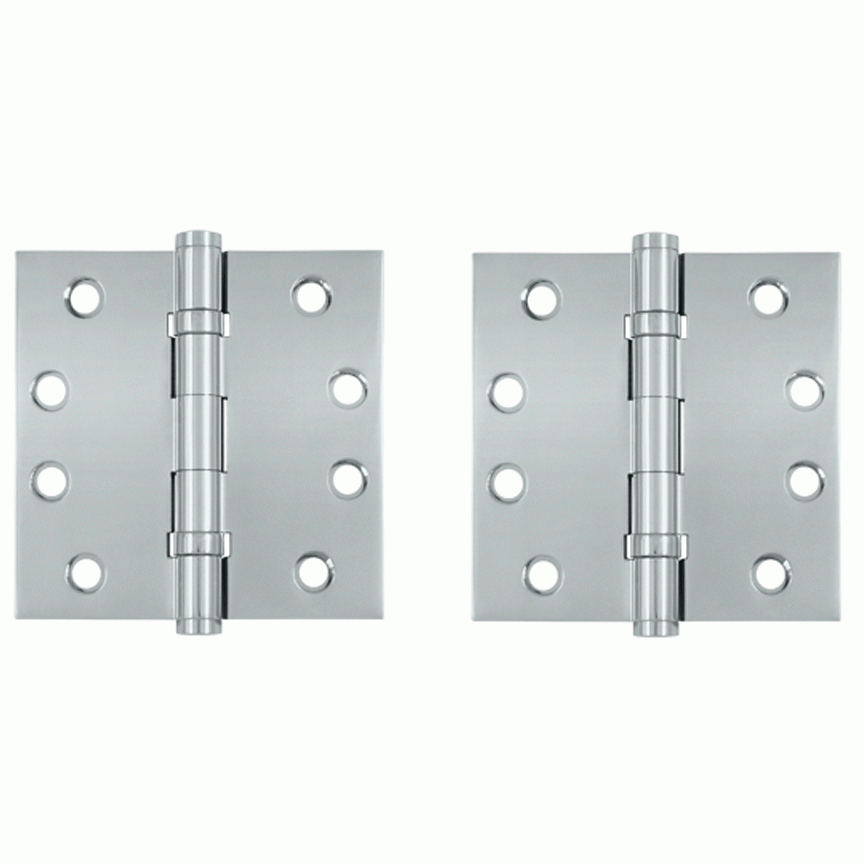 Pair 4 Inch X 4 Inch Double Ball Bearing Hinge Interchangeable Finials (Square Corner, Chrome Finish) DELTANA