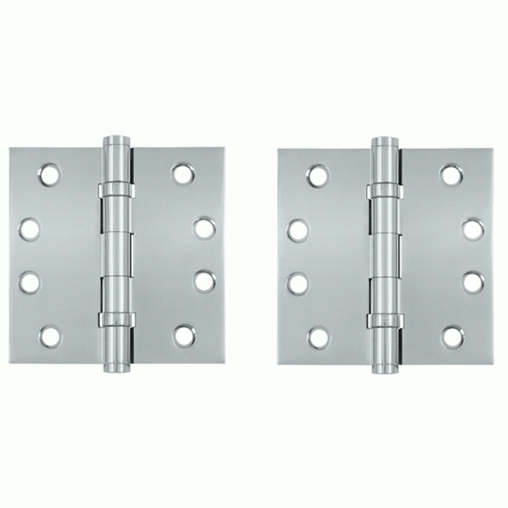 Pair 4 Inch X 4 Inch Double Ball Bearing Hinge Interchangeable Finials (Square Corner, Chrome Finish) DELTANA