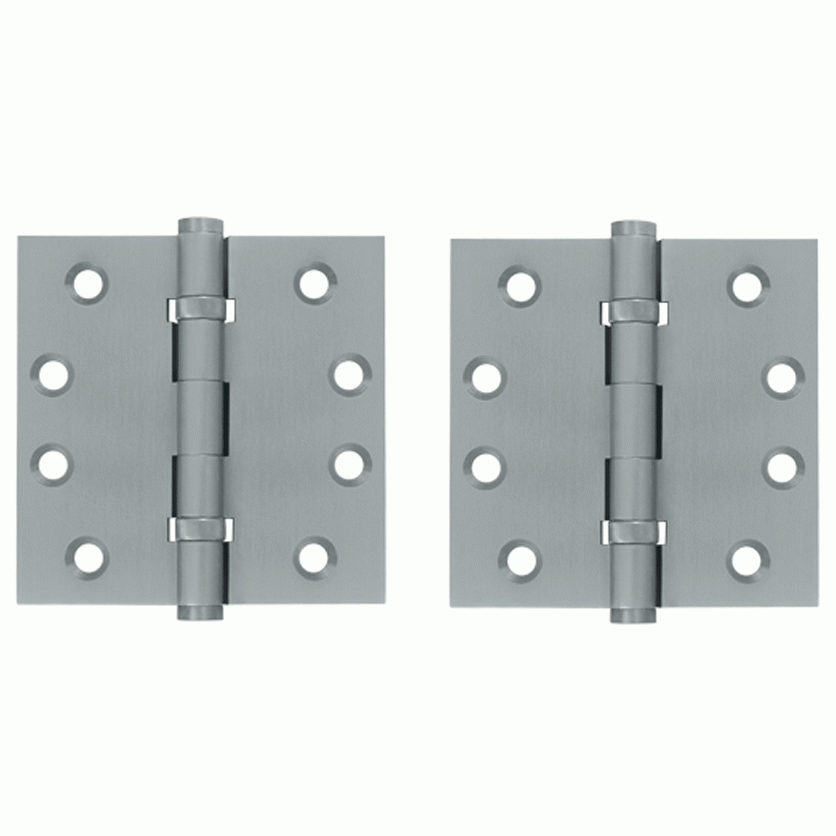 Pair 4 Inch X 4 Inch Double Ball Bearing Hinge Interchangeable Finials (Square Corner, Brushed Chrome Finish) DELTANA