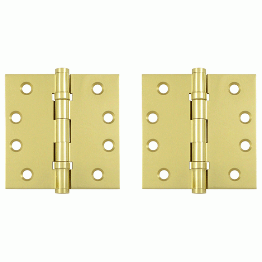 Pair 4 Inch X 4 Inch Double Ball Bearing Hinge Interchangeable Finials (Square Corner, Polished Brass Finish) DELTANA