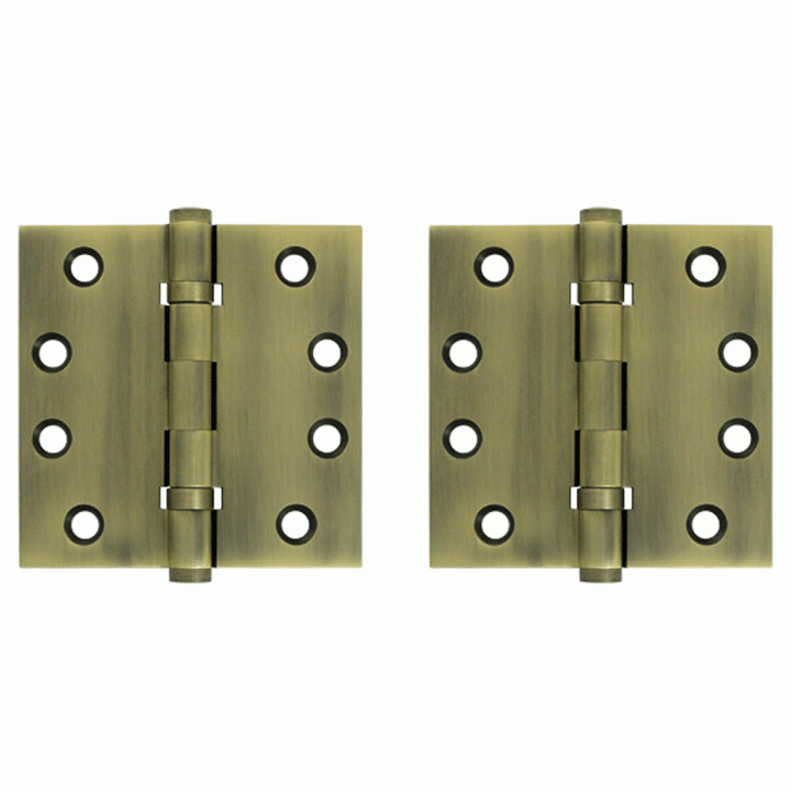 Pair 4 Inch X 4 Inch Double Ball Bearing Hinge Interchangeable Finials (Square Corner, Antique Brass Finish) DELTANA