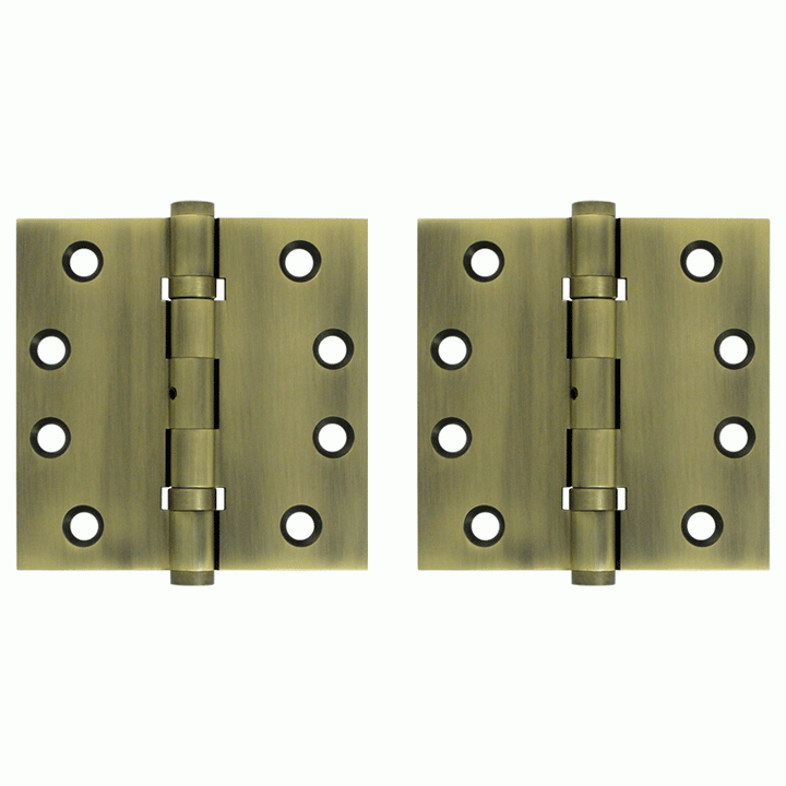 4 Inch X 4 Inch Ball Bearing Hinge Interchangeable Finials (Square Corner, Antique Brass Finish) DELTANA