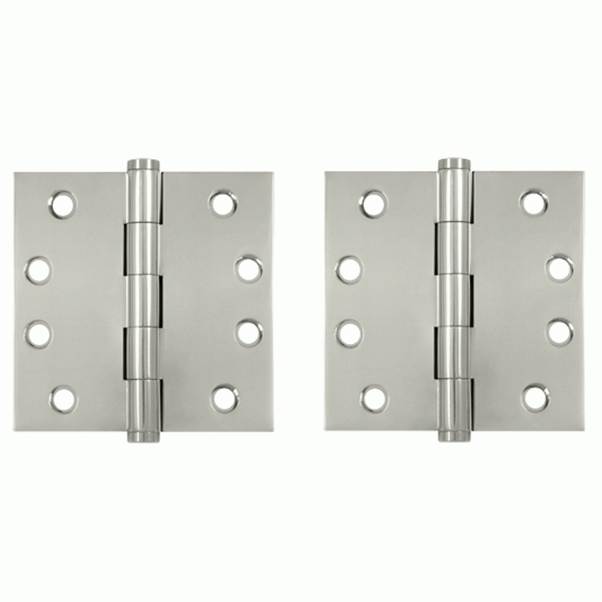 Pair 4 Inch X 4 Inch Solid Brass Hinge Interchangeable Finials (Square Corner, Polished Nickel Finish) DELTANA