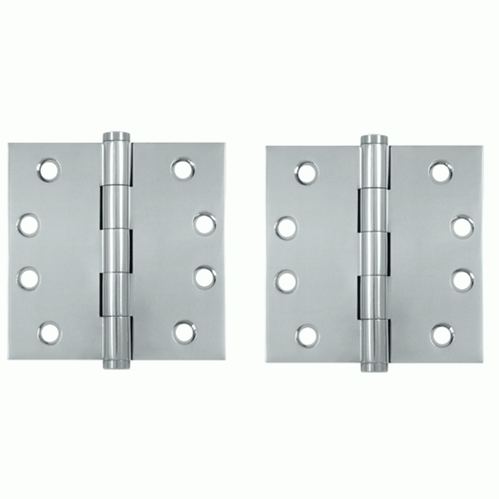 Pair 4 Inch X 4 Inch Solid Brass Hinge Interchangeable Finials (Square Corner, Chrome Finish) DELTANA