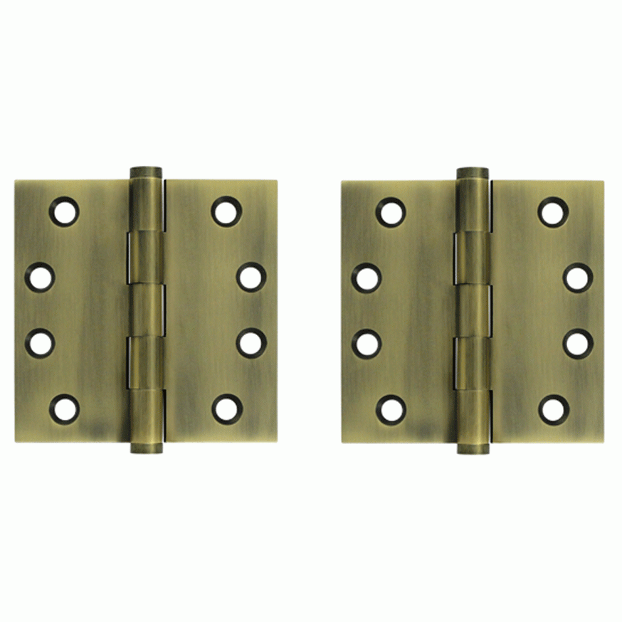 Pair 4 Inch X 4 Inch Solid Brass Hinge Interchangeable Finials (Square Corner, Antique Brass Finish) DELTANA